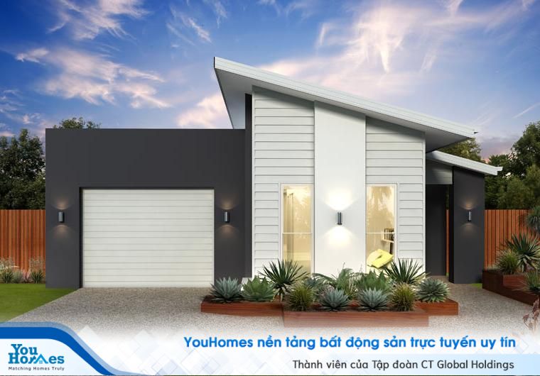 Nhà cấp 4 đẹp 100 m2 mái xéo độc đáo với tông màu trắng và xám tro nổi bật. 