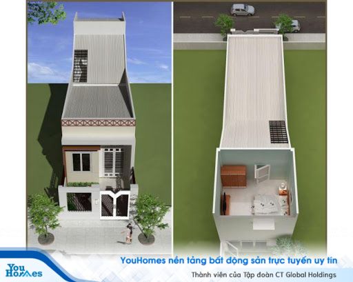 Mẫu nhà cấp 4 mặt tiền hẹp và sâu với thiết kế dốc độc đáo.