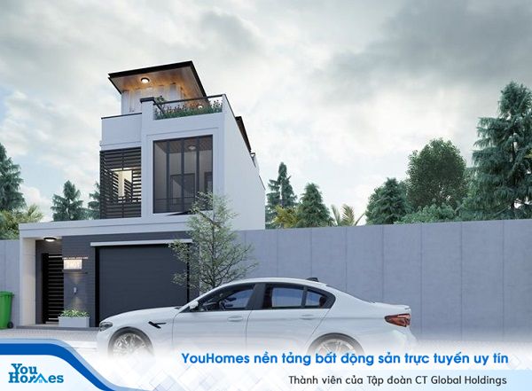 Mẫu nhà ống 2 tầng 1 tum kết hợp mái thái và mái bắng.