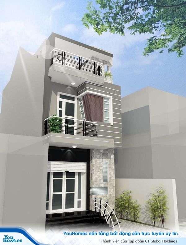 Mái tum của mấu nhà ống 2 tầng này được chia đôi thành 2 phần: 1 phần để phơi quần áo còn 1 phần để trồng rau và cây cảnh.