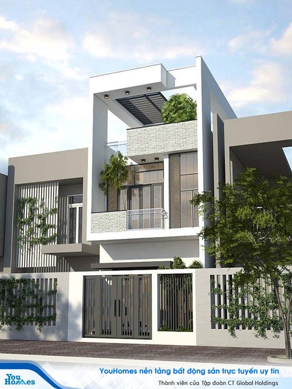 Mẫu nhà ống 2 tấng 1 tum phối cảnh đẹp mắt.
