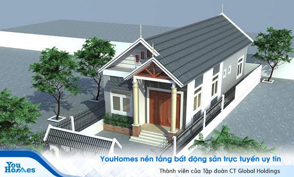 Mẫu nhà cấp 4 mái thái được xây dựng theo hình ống với thiết kế hợp lý và phần hàng rào chắc chắn bao quanh nhà. 