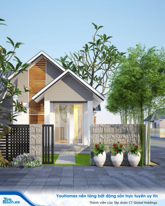 Ứng dụng kết hợp nhiều loại nguyên vật liệu làm cho mặt tiền ngôi nhà cấp 4 mái thái trở nên nổi bật và độc đáo.